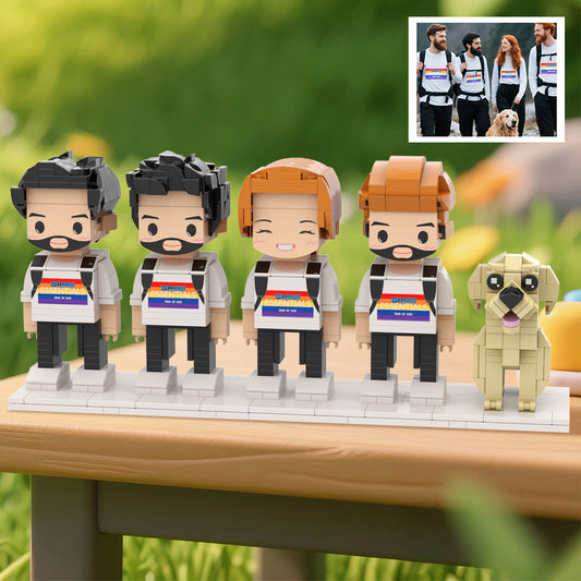 Personalised full-body LEGO-style brick figures of four people and a dog — custom anniversary or birthday gift