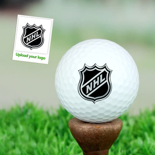 Close-up of personalised custom logo golf balls with crisp UV printing on durable rubber — white personalised golf balls ideal as printed golf gifts for golfers