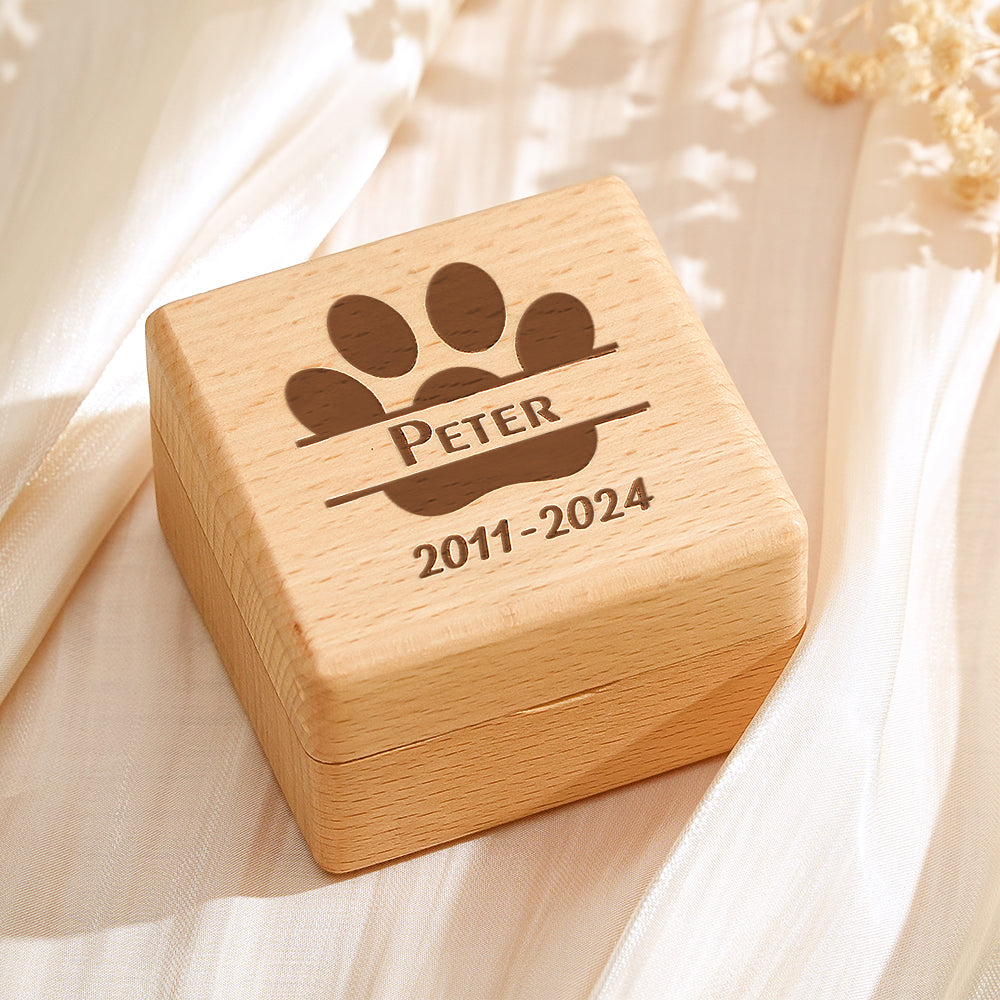 Open walnut personalised keepsake box showing a small lock of pet fur and collar tag – compact memorial box for a beloved pet