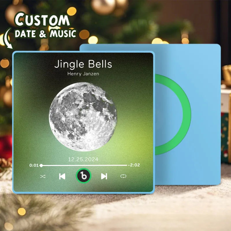 FridgeBeats 4.0 framed personalised music fridge magnet on a stainless fridge featuring a custom couple photo — personalised song MP3 magnet for couples