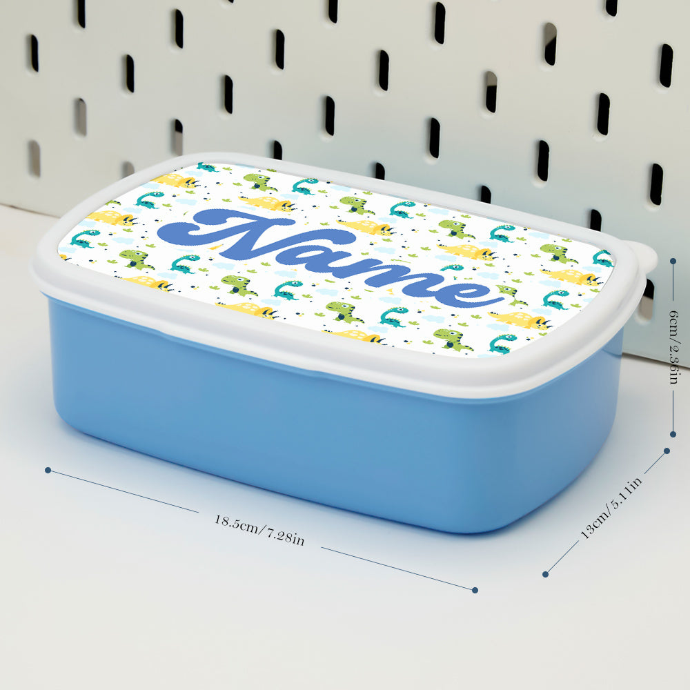 Selection of personalised dinosaur lunch box designs with custom name options — unique kids dinosaur lunch box for boys and girls