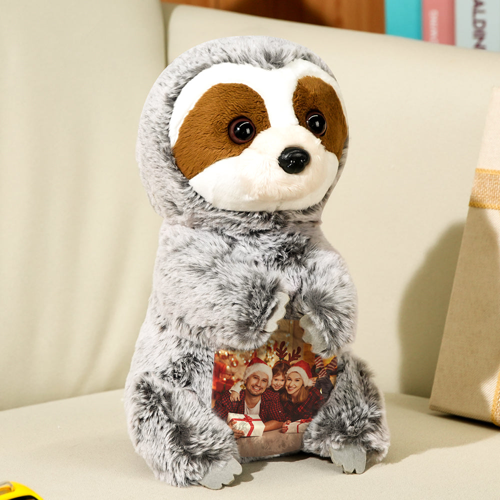 Close-up of the high-resolution custom photo print on a personalised sloth plush — perfect personalised photo keepsake