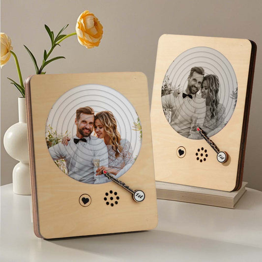 Front view of personalised wooden record player with custom photo lid — handcrafted anniversary keepsake