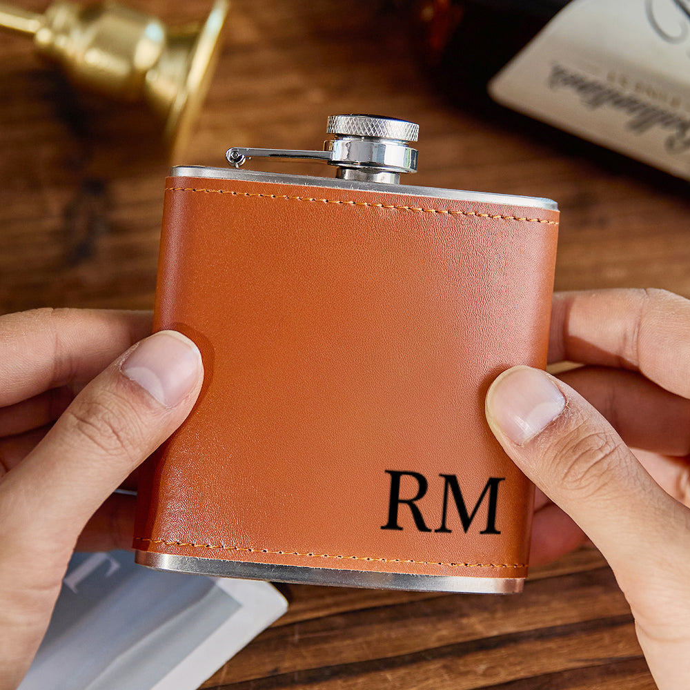 6oz stainless steel hip flask with secure screw cap and luxe leather finish, military-grade 304 stainless and leak-proof engraved design
