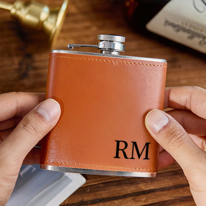 6oz stainless steel hip flask with secure screw cap and luxe leather finish, military-grade 304 stainless and leak-proof engraved design