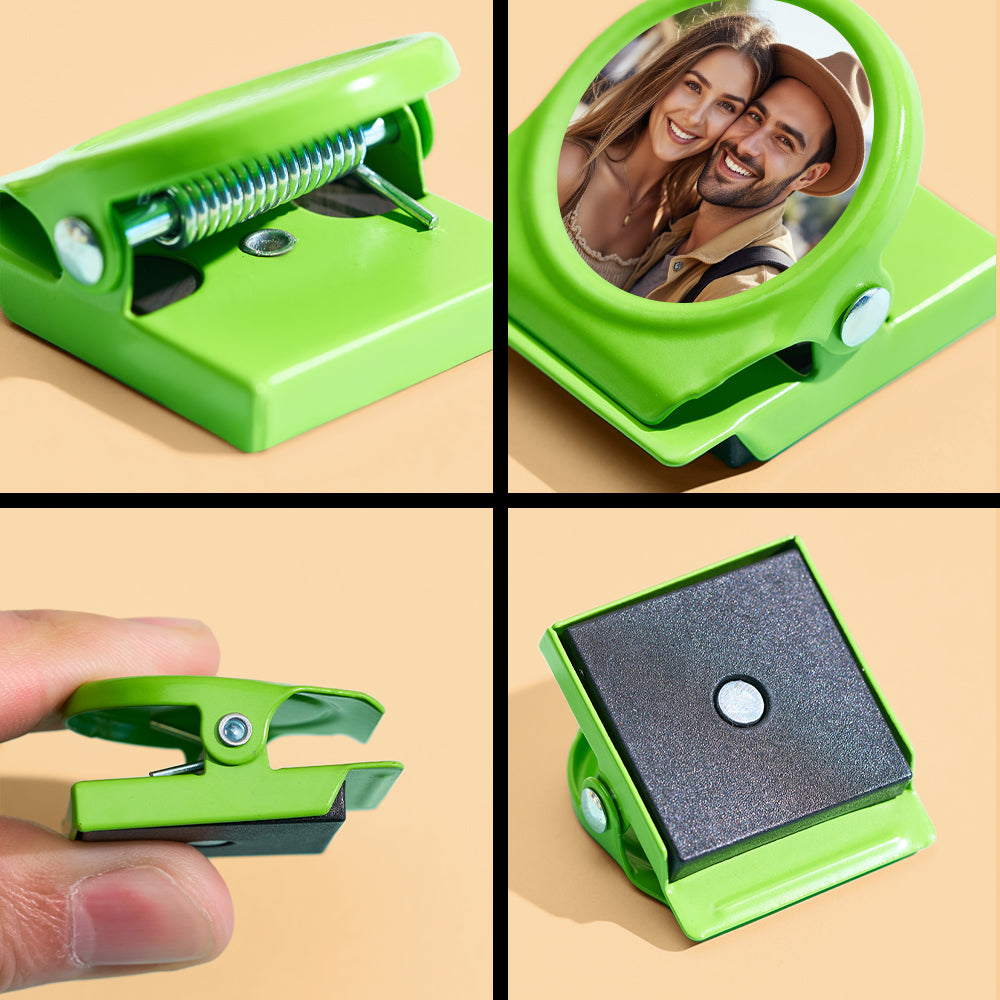 Size comparison showing personalised magnetic clip dimensions 3cm x 3.5cm for scale beside a coin
