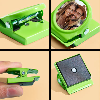 Size comparison showing personalised magnetic clip dimensions 3cm x 3.5cm for scale beside a coin