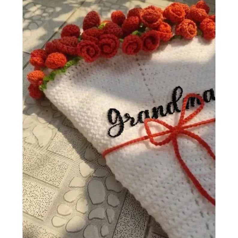 Custom Name Hand-Knitted Rose Blanket Ready-Made Gift for Mother's Day 80cm - 150cm
