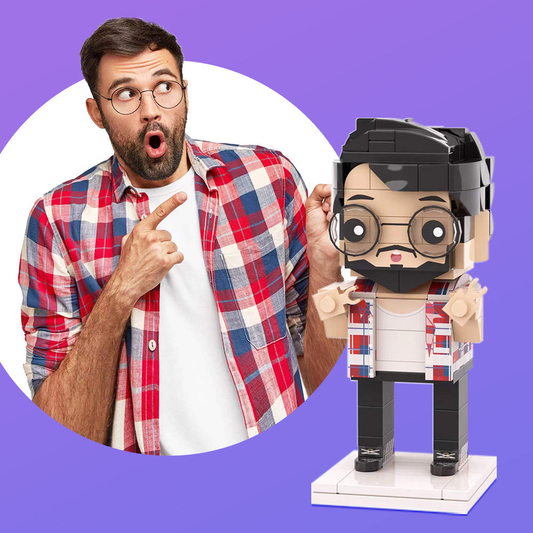 Personalised full‑body custom brick figure — one‑person custom mini block toy made from a front full‑body photo, showing hairstyle, expression and outfit