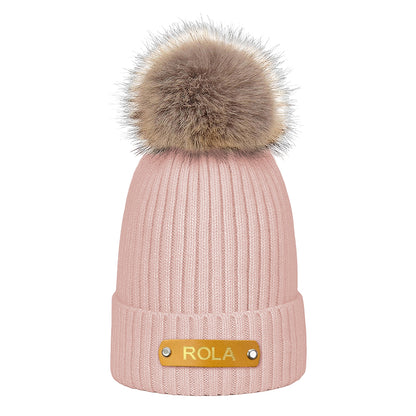 Toddler wearing personalised name beanie outdoors — stretchy acrylic kids winter hat for everyday wear and play