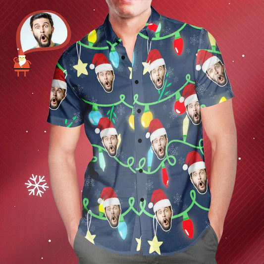 Personalised custom-face men's all-over print Christmas lights Hawaiian shirt, short-sleeve button-up in breathable 4-way stretch