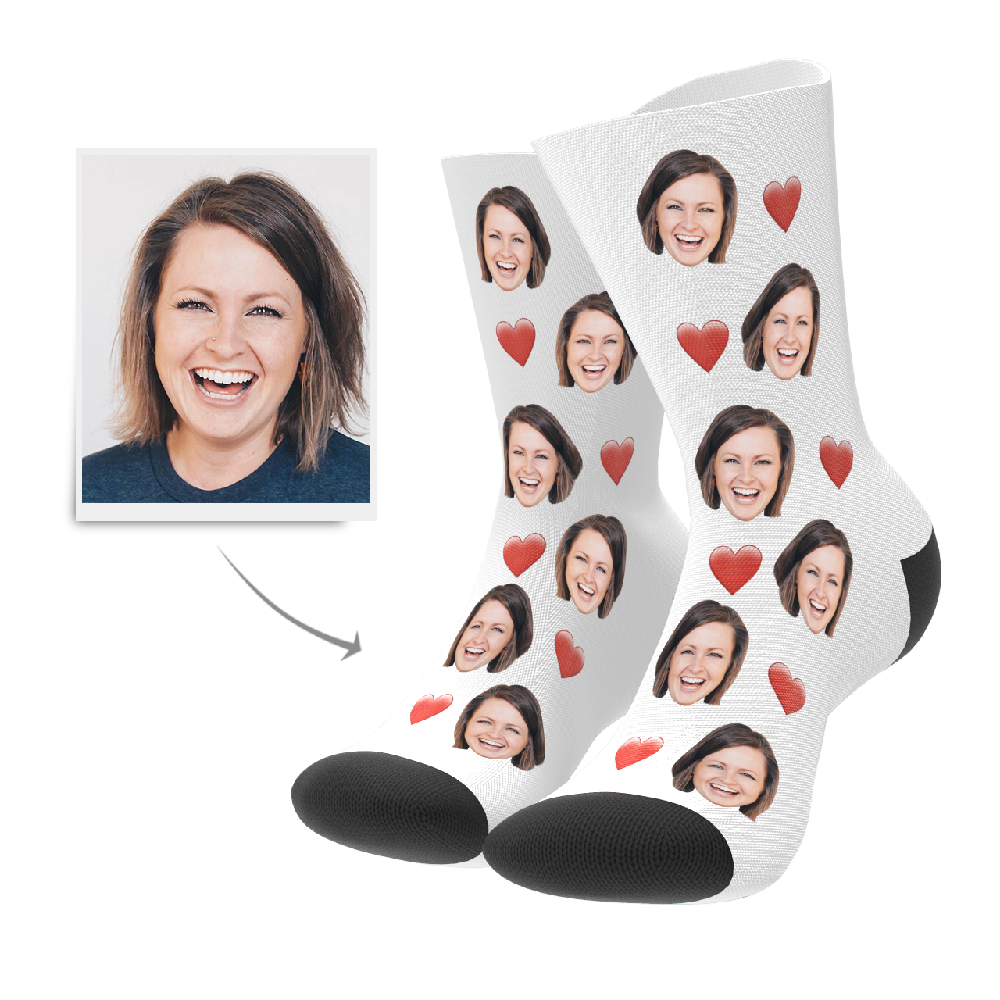 Personalised face socks with heart motif — custom photo socks for men & women, perfect personalised gift