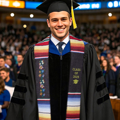 Full-length personalised Mexican-style graduation stole, 200 cm × 13 cm, colourful stripe design — ideal Class of 2025 graduation gift