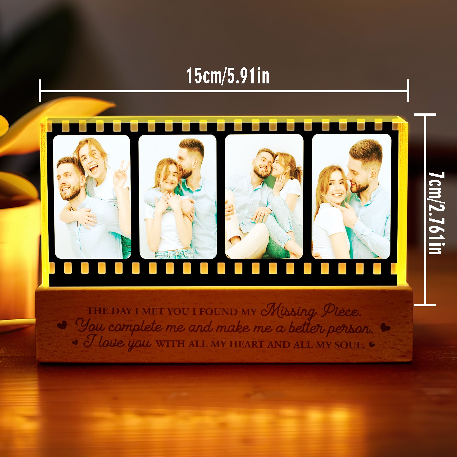 Alternate angle of the personalised photo night light, highlighting the slim 15cm x 7cm acrylic panel.