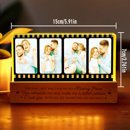Alternate angle of the personalised photo night light, highlighting the slim 15cm x 7cm acrylic panel.