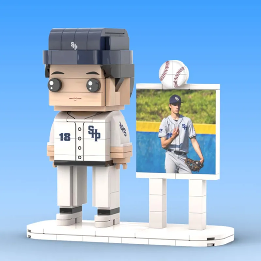 Personalised full-body brick figure — baseball theme, one person in baseball kit, customised from your photo, eco-friendly ABS, light nougat skin