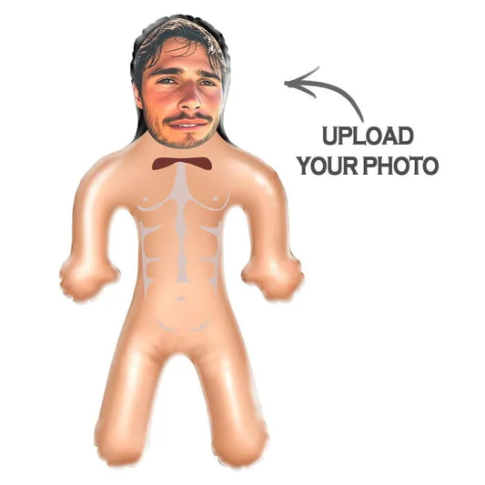 Personalised face inflatable doll with custom photo printing on high-quality PVC; a humorous gag gift for parties, a stag do, and wedding celebrations.