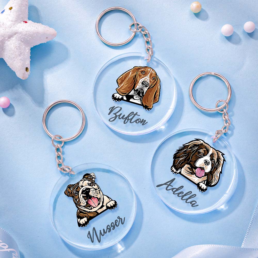 Personalised acrylic dog keyring showing colour‑fast cartoon dog illustration and custom name on a 5cm clear acrylic plate ideal personalised dog keychain for dog lovers