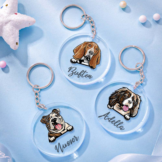 Personalised acrylic dog keyring showing colour‑fast cartoon dog illustration and custom name on a 5cm clear acrylic plate ideal personalised dog keychain for dog lovers