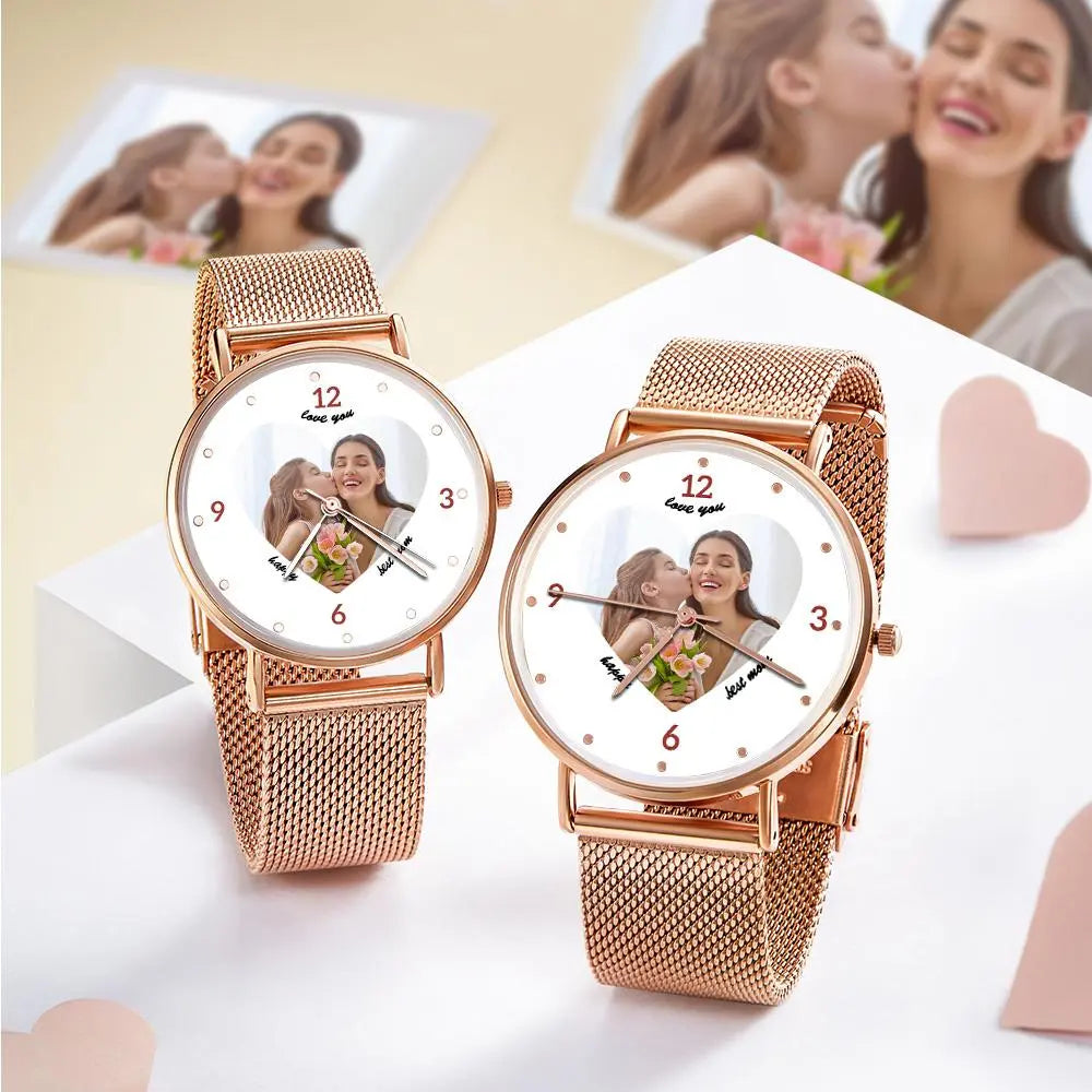 Close-up of rose gold alloy bracelet showing military-grade plating and fine engraving on personalised photo watch, tarnish-resistant keepsake for mum