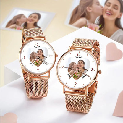 Close-up of rose gold alloy bracelet showing military-grade plating and fine engraving on personalised photo watch, tarnish-resistant keepsake for mum