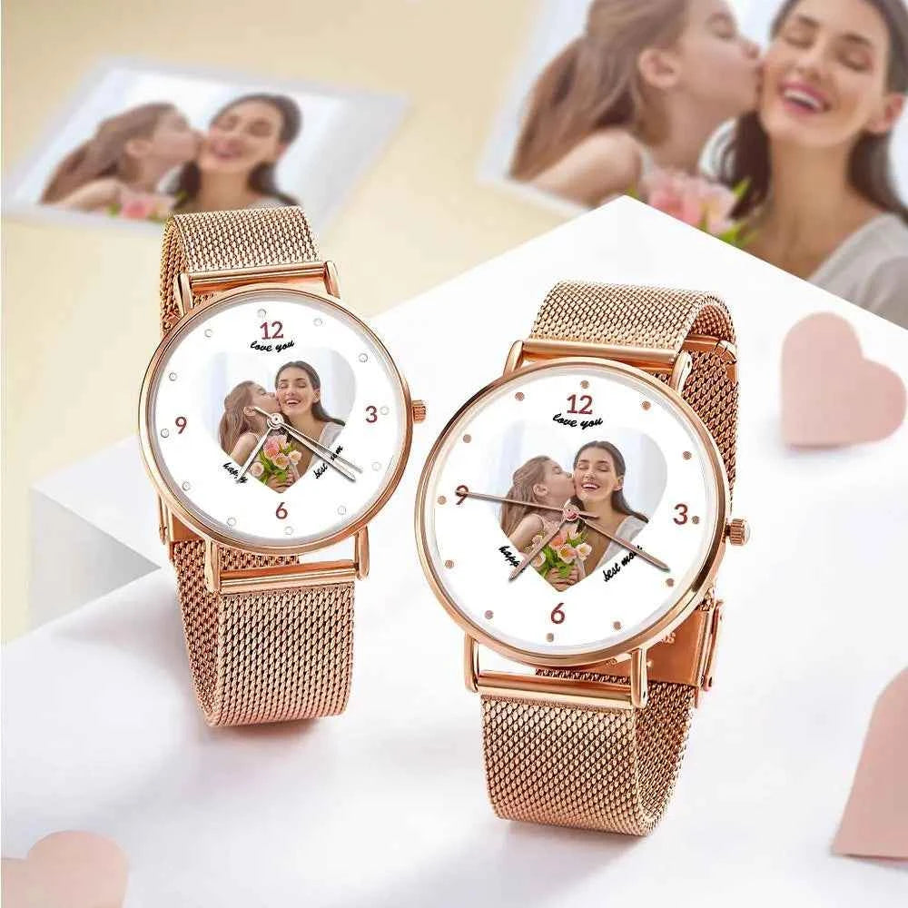 Engraved Rose Gold Alloy Bracelet Photo Watch 36mm Gifts for Mom