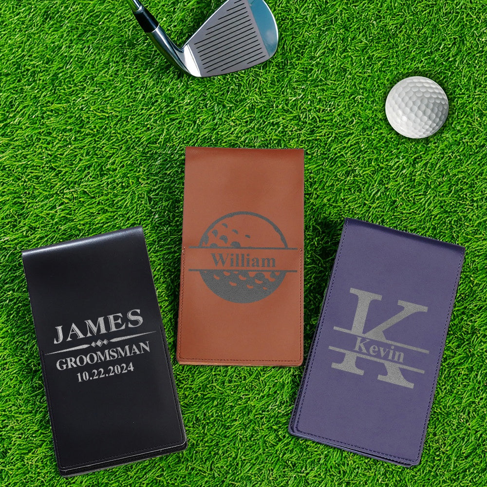 Personalised PU leather golf scorecard holder front view — classic gift for him