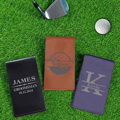 Personalised PU leather golf scorecard holder front view — classic gift for him