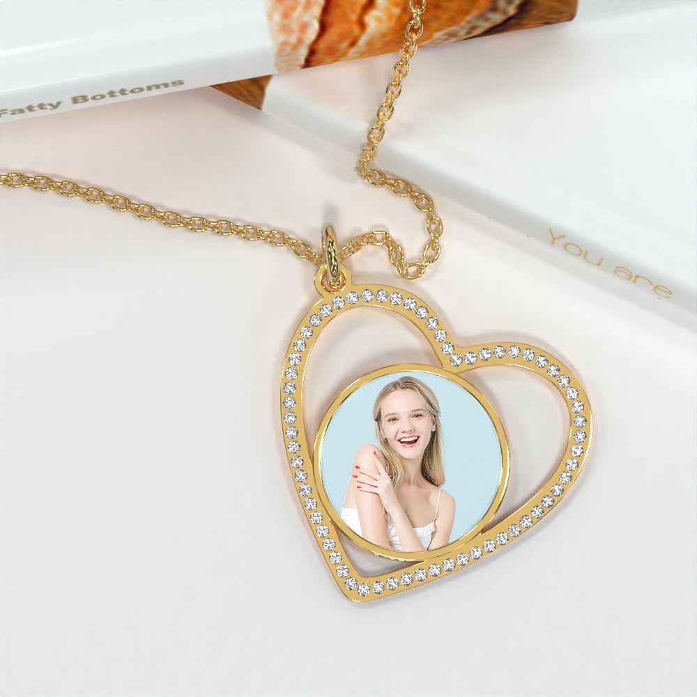 Custom Heart Pendant Inlaid Zircons Photo Necklace
