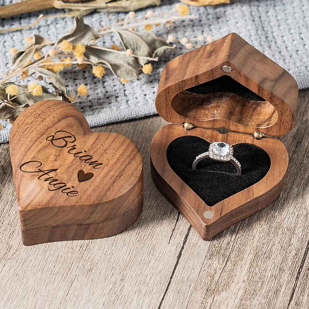 Personalized Wooden Ring Box Heart Proposal Engagement Ring Box