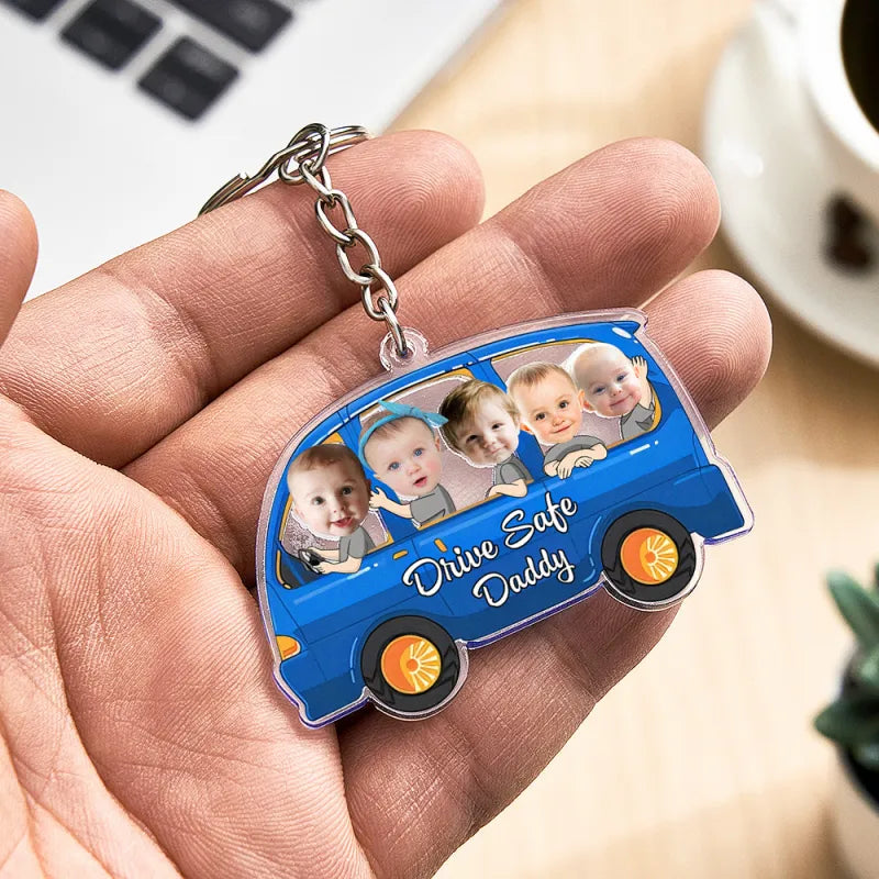 Personalised Drive Safe keyring — Style D five-kids acrylic keychain, perfect personalised family keepsake for Dad