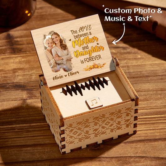 Personalised wooden music box with custom photo on the lid and subtle engraving — a voice keepsake gift for Mum