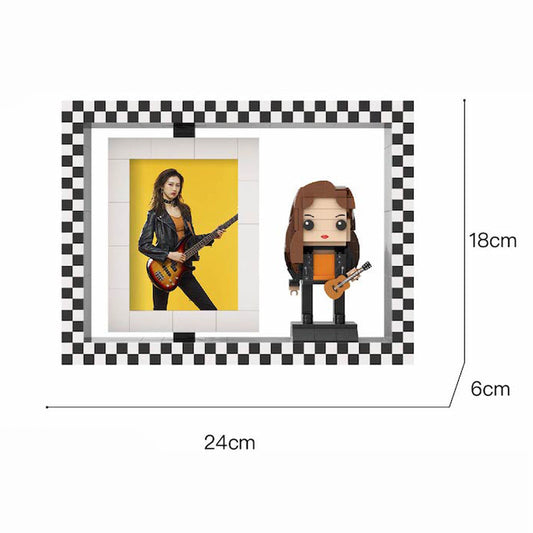 Personalised full‑body brick‑style mini figure of a woman with matching small particle block photo frame — bespoke photo to mini figure, ideal gifts for women and personalised graduation gifts