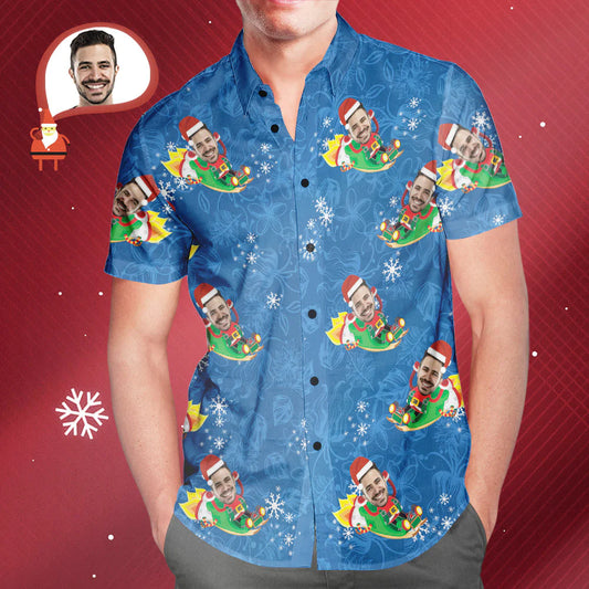 Men's personalised face Hawaiian shirt front view with funny Santa Claus all-over print Aloha shirt — custom photo Christmas gift for him