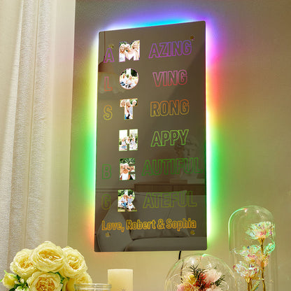 Close-up of shatterproof acrylic and premium LEDs in a personalised mirror light — custom photo lamp