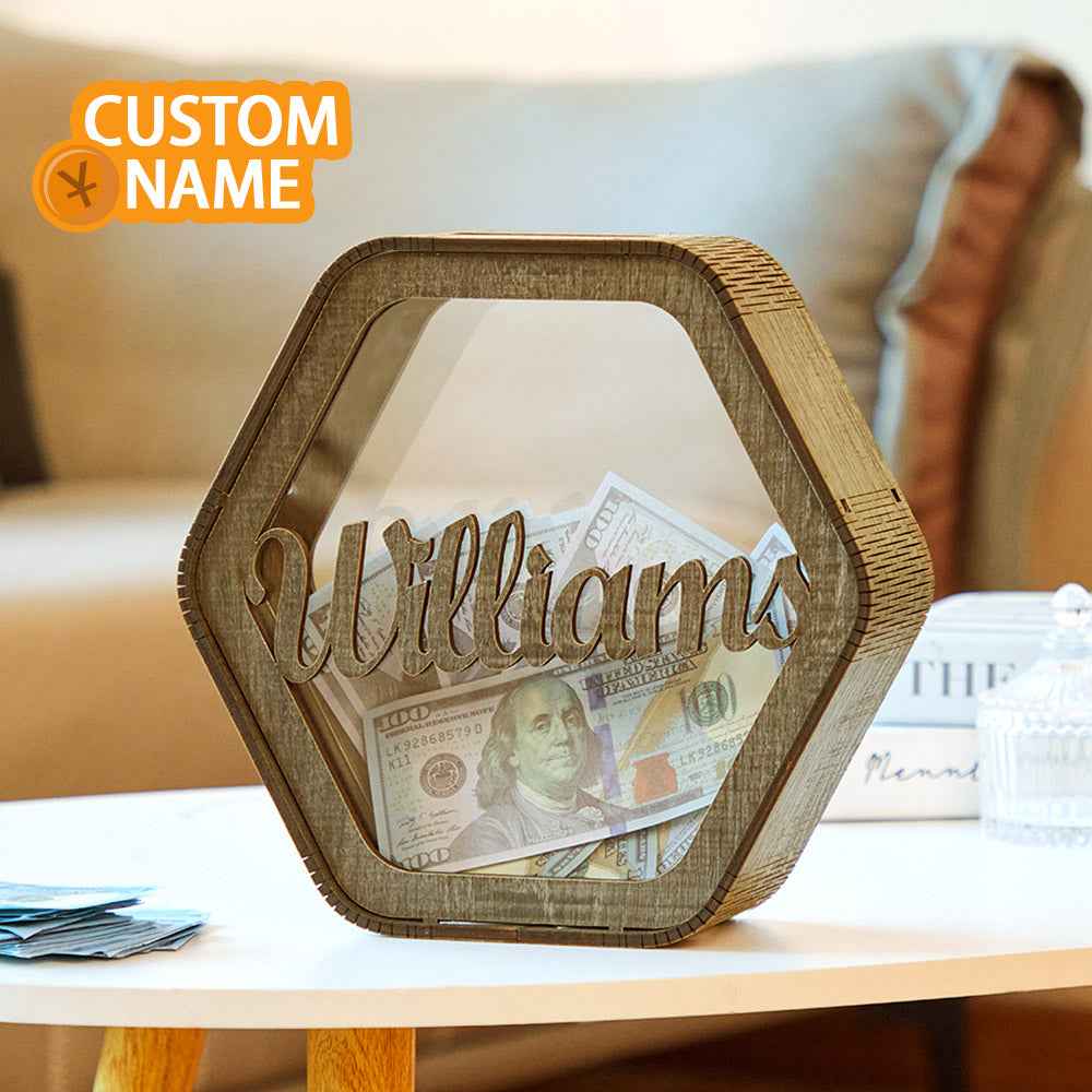 Custom Hexagonal Wood Piggy Bank with Name
