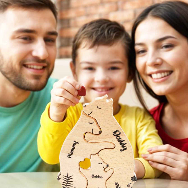 Custom Name Wooden Heart Bear Puzzle – Personalized Family Gift