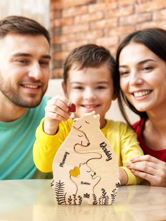 Personalised wooden heart bear puzzle with engraved family names and heart details – natural wood keepsake