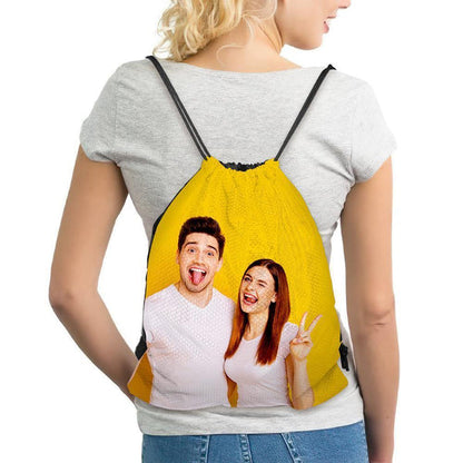 Personalised Photo Drawstring Sportpack with custom family photo print on honeycomb fabric – custom drawstring bag for school, gym and travel