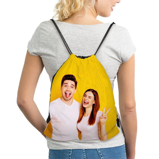 Personalised Photo Drawstring Sportpack with custom family photo print on honeycomb fabric – custom drawstring bag for school, gym and travel