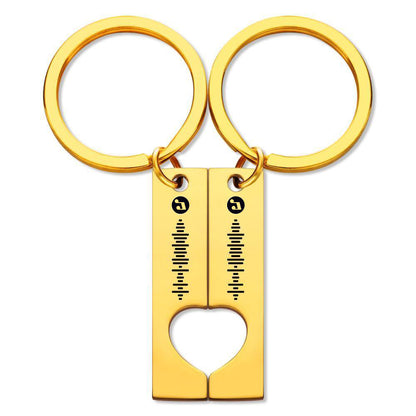Stainless steel Spotify music code keyring with personalised name engraving below the code and heart cut‑out – great gift for teens and partners