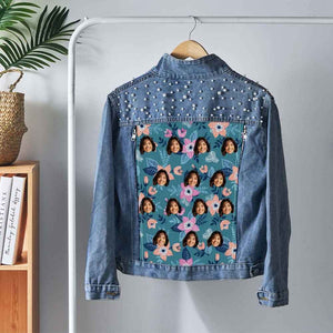 Personalized Funny Jean Jacket with Pearl Custom Face Hawaiian Style Denim Jacket Gift for Her