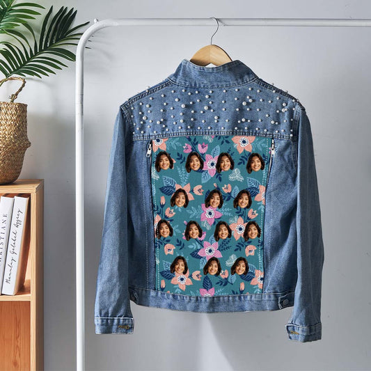 Front view of personalised pearl photo denim jacket with custom face print, pearl embellishments and Hawaiian-style artwork — perfect gift for her (S–5XL)
