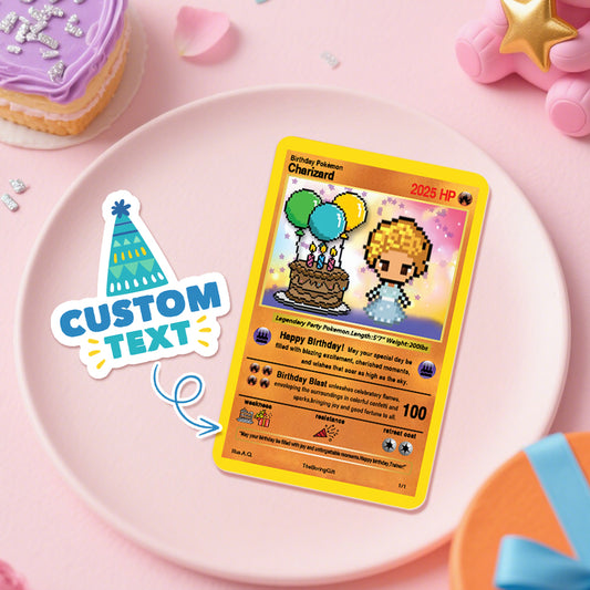 Personalised Birthday Poke Card featuring a custom cartoon character, uploaded photo and personalised text — stainless steel, vibrant birthday graphics