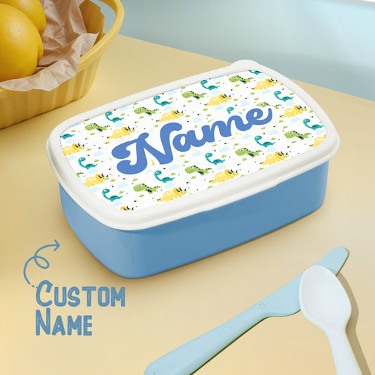 Personalised dinosaur lunch box with custom name on colourful dinosaur print — kids dinosaur lunch box ideal for school lunches and birthday gifts