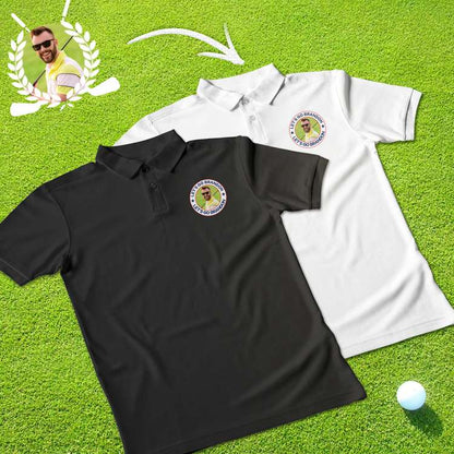 Front view of personalised men's polo T‑shirt in black with lapel collar and custom logo, breathable 100% polyester for work, sport and casual wear