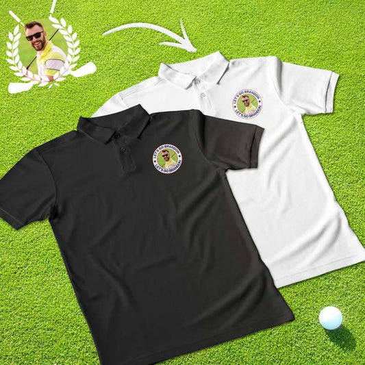 Front view of personalised men's polo T‑shirt in black with lapel collar and custom logo, breathable 100% polyester for work, sport and casual wear