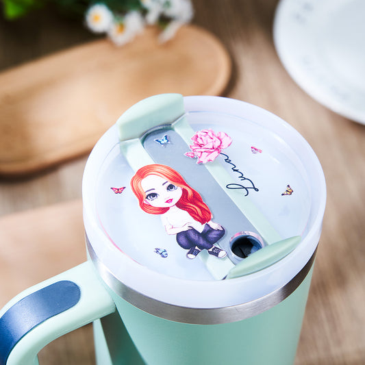 Personalised acrylic Cartoon Girl birth flower name tag lid topper fitted on a 40oz Stanley tumbler lid, personalised text visible