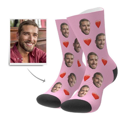 Personalised face socks with heart motif — custom photo socks for men & women, perfect personalised gift