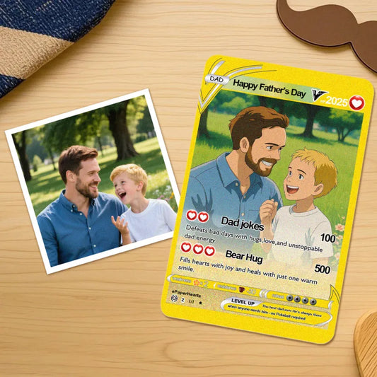 Personalised Father's Day Poke Card — front view of custom anime-inspired portrait printed on stainless steel, ideal keepsake gift for Dad in the UK and Australia